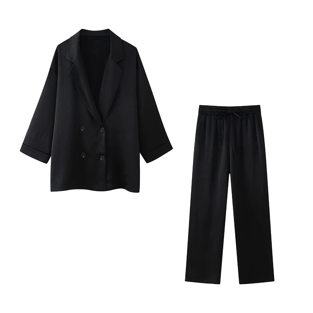 TRAF-Women's Double-Breasted Loose Blazer Coat and High Elastic Waist Wide Leg Pants, Female Two Piece Sets, Fashion