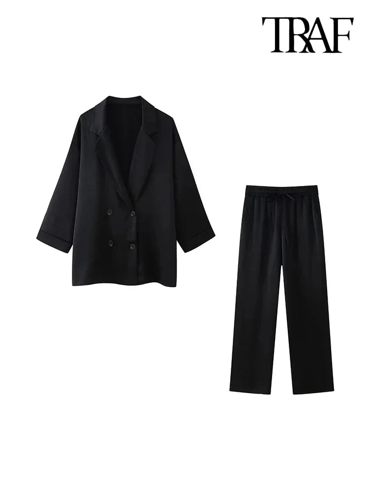 TRAF-Women's Double-Breasted Loose Blazer Coat and High Elastic Waist Wide Leg Pants, Female Two Piece Sets, Fashion